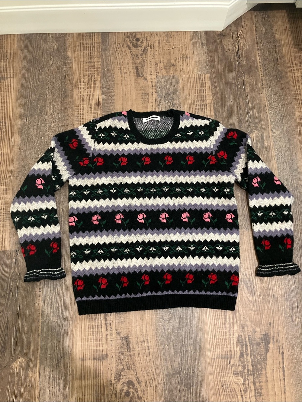 Anthropologie Rosario Black Stripe Crewneck Sweater with Red & Pink Roses